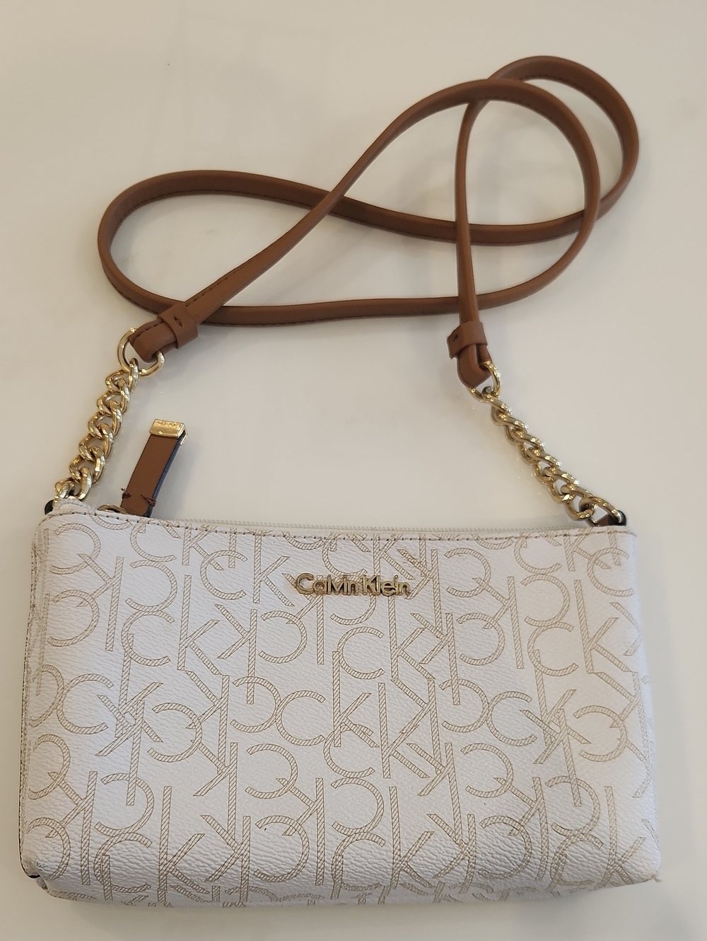Calvin Klein White Monogram Crossbody with Tan Trim
